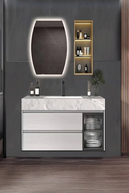 مغسلة بورسلان رخامي مع خزانة معلّقة وتصميم معدني داكن – مع مرآة LED فاخرة